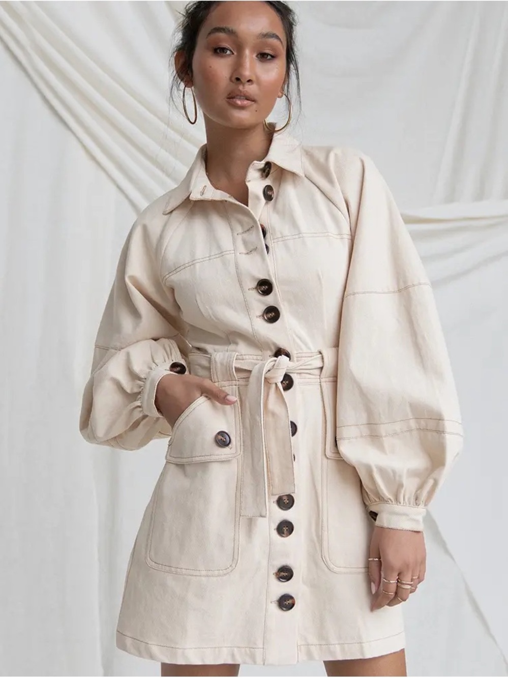 Button-Front Cream Mini Dress with Tie Waist